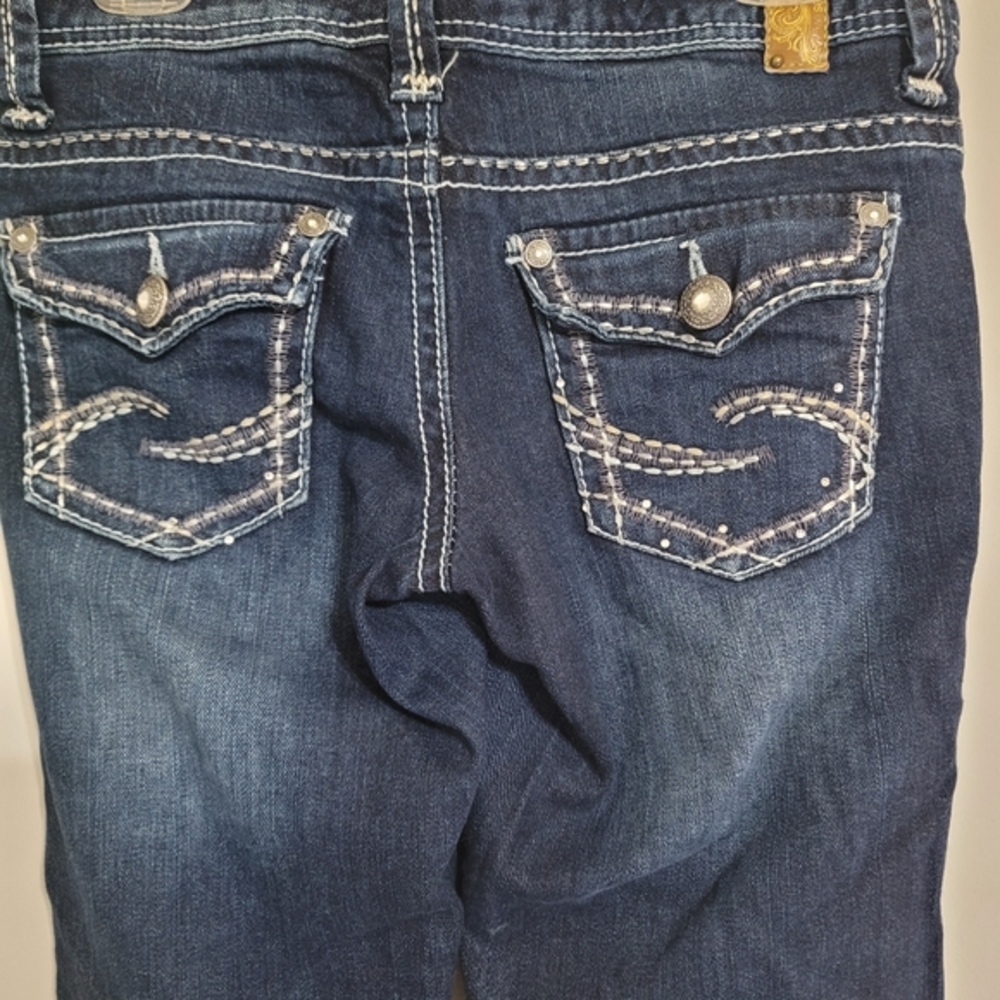 Jeans By Maurice Midrise Size 3/4 Regular Dark Wash White Stictch Gems Western. - Picture 3 of 6